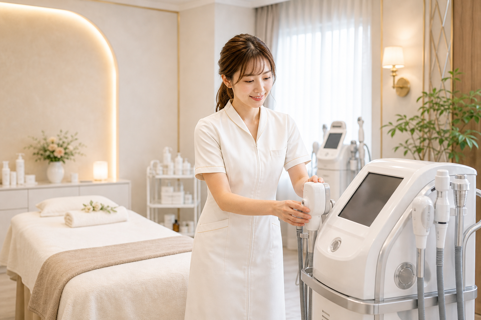 エステサロンで美容機器を確認するスタッフ